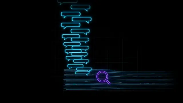 Cyan speech bubbles stacking down into a band of stored lines, with a violet magnifying glass over them.