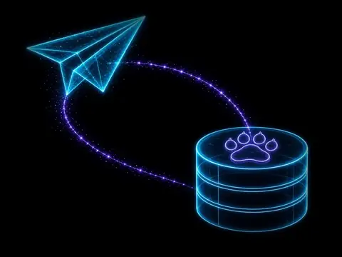 A wireframe paper plane drawn in cyan light, a violet dotted orbit looping from it into a stacked database cylinder with a glowing paw on its lid.